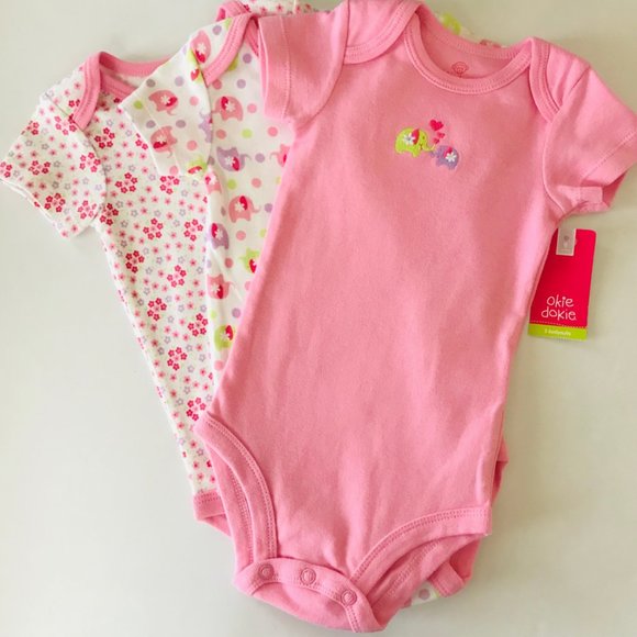 okie dokie One Pieces Baby Girl 3pk Bodysuit Set Elephant Pink